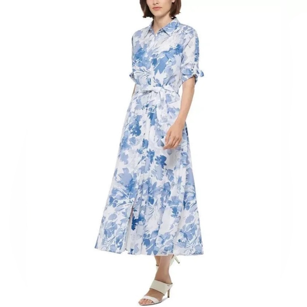 Calvin Klein floral print cotton button front shirt dress